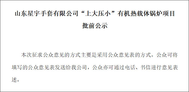 山东星宇手套有限公司“上大压小”有机热载体锅炉项目 批前公示